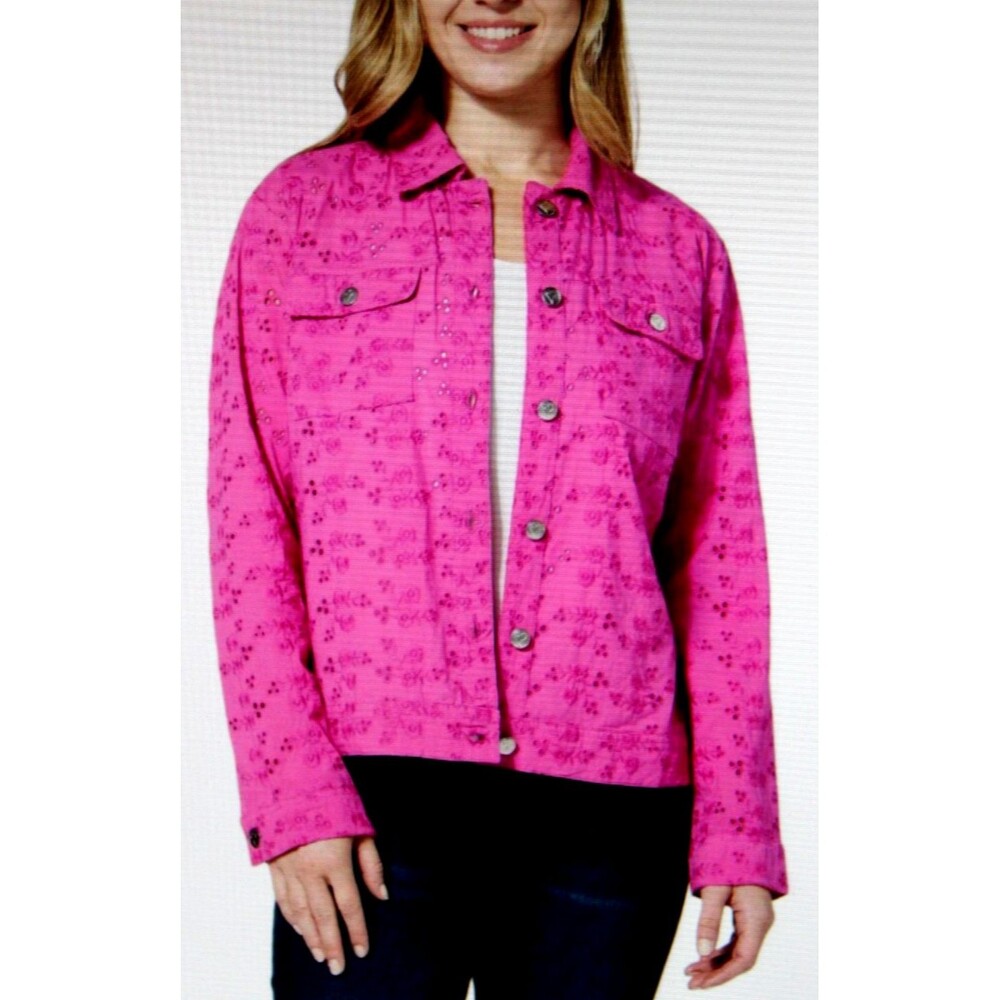 Colleen Lopez Cotton Eyelet Button Up Jacket Pink Fuchsia Women Lightweight Lg